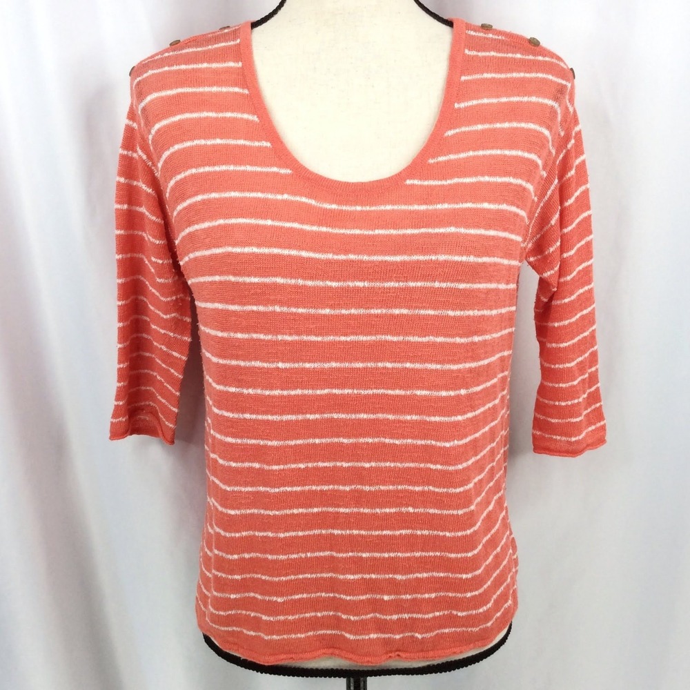 J Jill Linen Blend Sweater Women's Size XS Coral Orange Striped 3/4 Sleeve Sheer